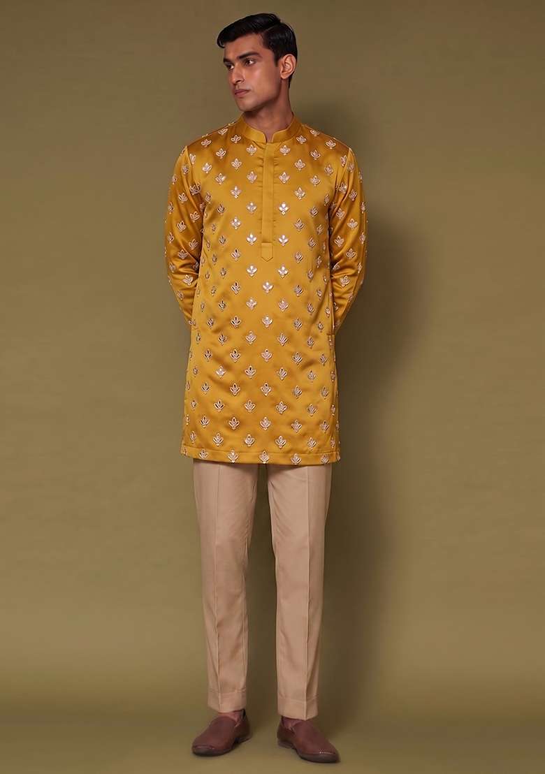 Mustard Handwork Silk Blend Kurta Set - Indya