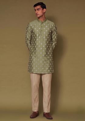 Olive Green Handwork Silk Blend Kurta Set