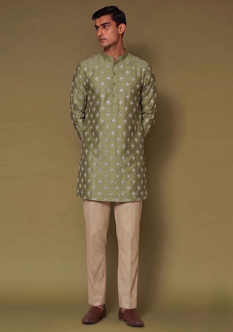 Olive Green Handwork Silk Blend Kurta Set - Indya