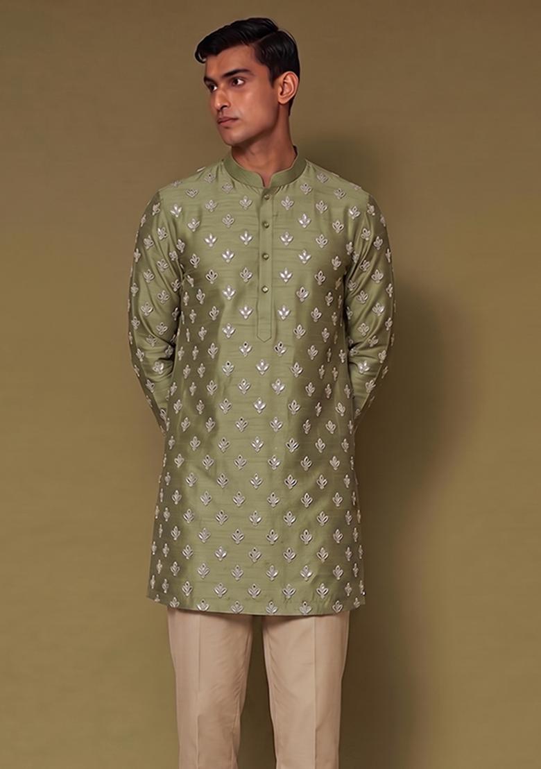 Olive Green Handwork Silk Blend Kurta Set - Indya