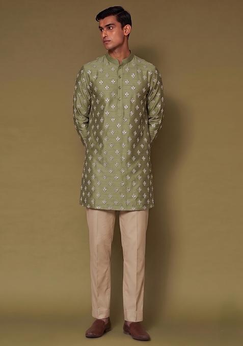 Olive Green Handwork Silk Kurta Set
