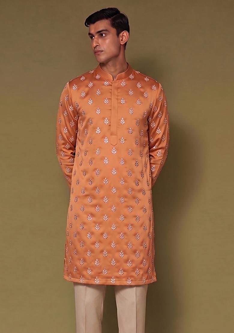 Orange Handwork Silk Blend Kurta Set - Indya