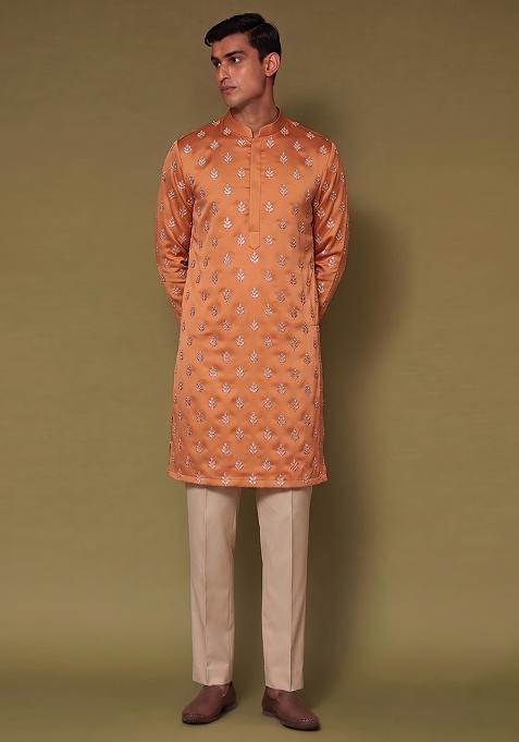 Orange Handwork Silk Kurta Set
