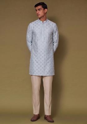 Light Blue Handwork Silk Blend Kurta Set