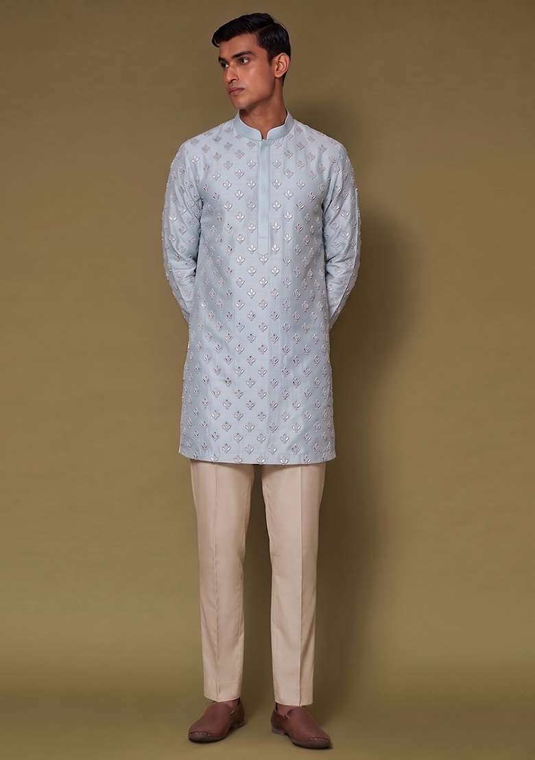 Light Blue Handwork Silk Blend Kurta Set - Indya