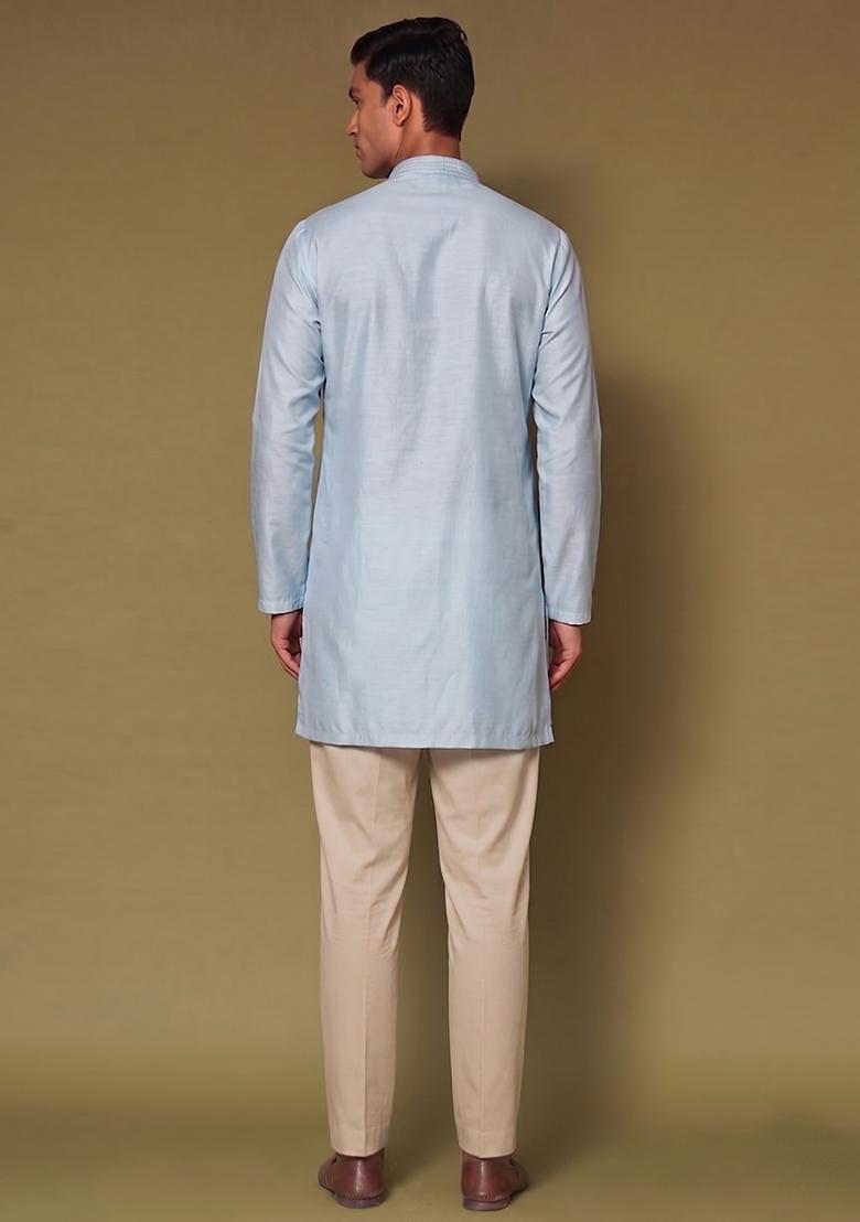 Light Blue Handwork Silk Blend Kurta Set - Indya