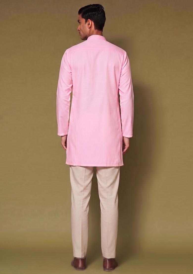 Light Pink Handwork Silk Blend Kurta Set - Indya