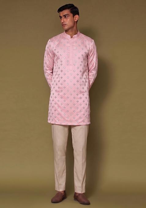 Light Pink Handwork Silk Kurta Set