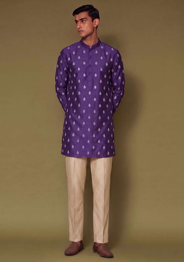 Deep Purple Handwork Silk Blend Kurta Set - Indya