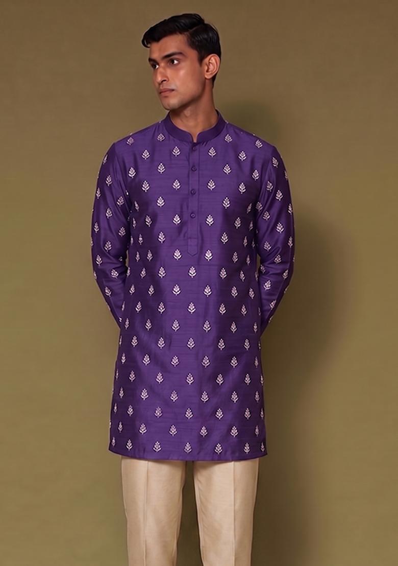 Deep Purple Handwork Silk Blend Kurta Set - Indya