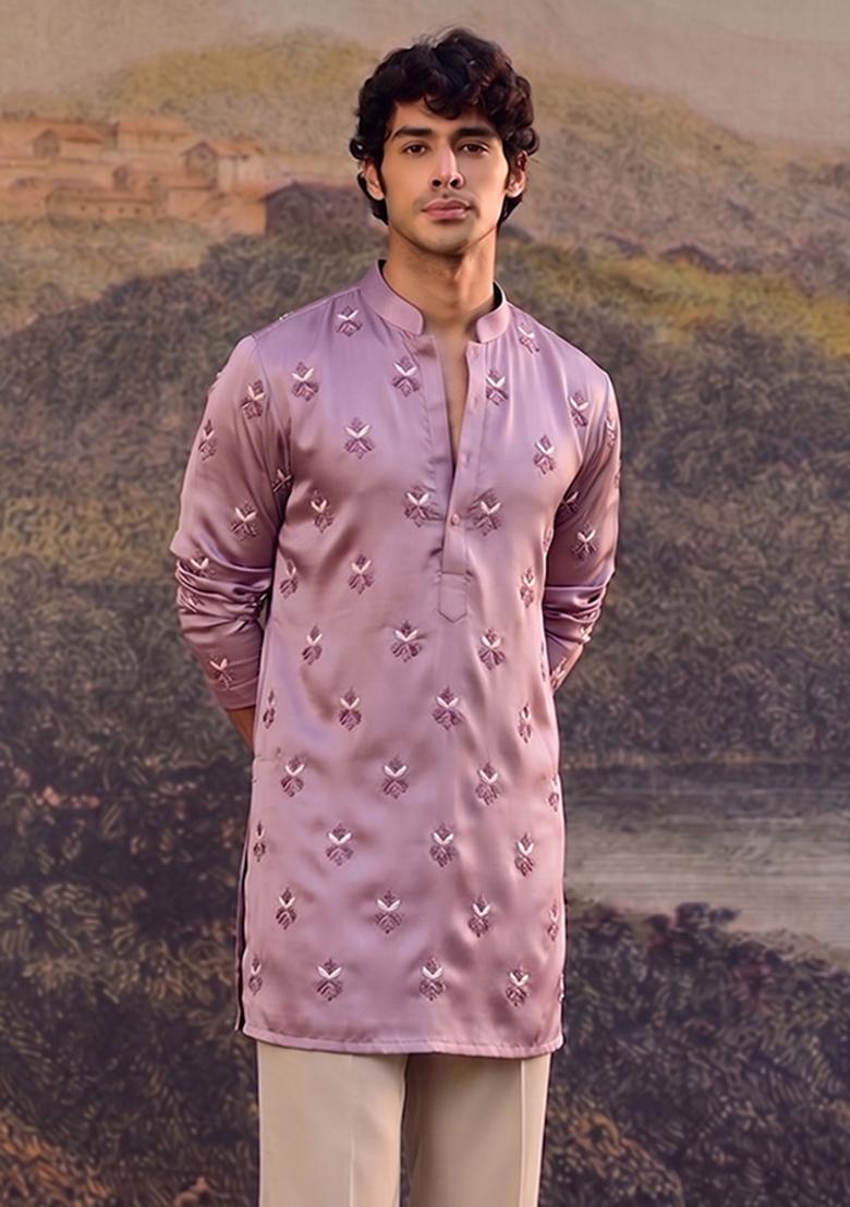 Lavender Handwork Satin Kurta Set - Indya
