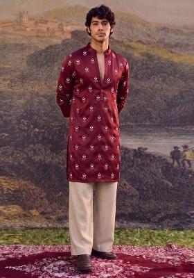 Maroon Handwork Satin Kurta Set
