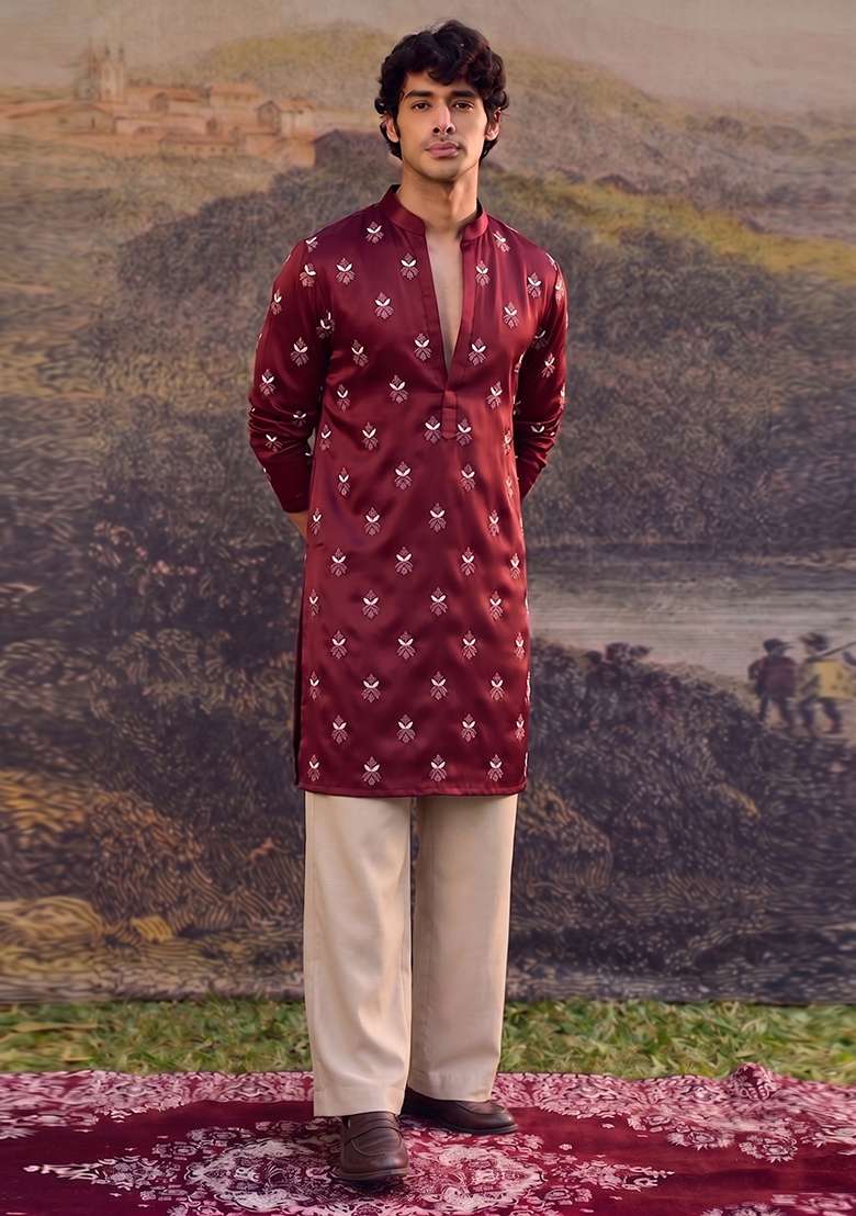 Maroon Handwork Satin Kurta Set - Indya