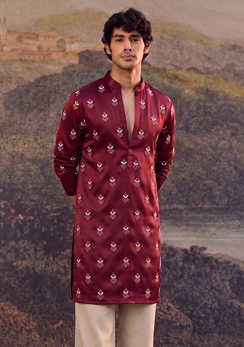 Maroon Handwork Satin Kurta Set - Indya