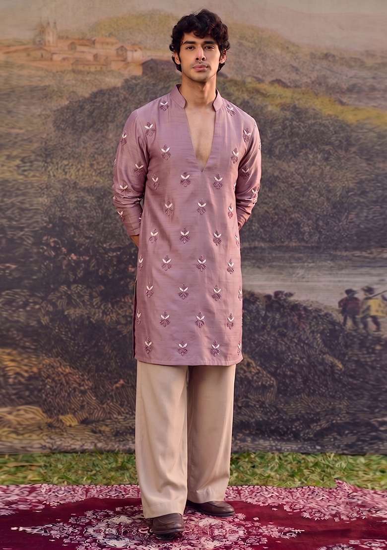 Mauve Handwork Satin Kurta Set - Indya