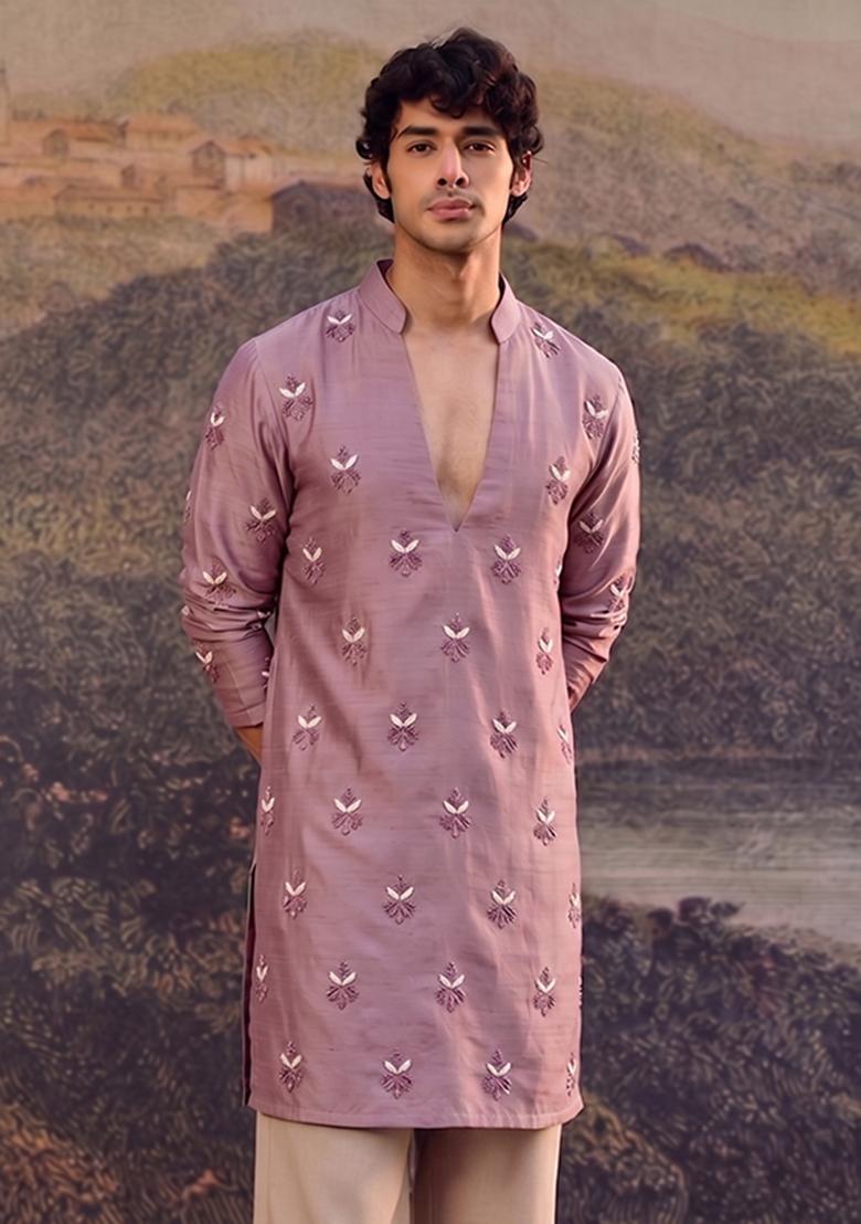 Mauve Handwork Satin Kurta Set - Indya