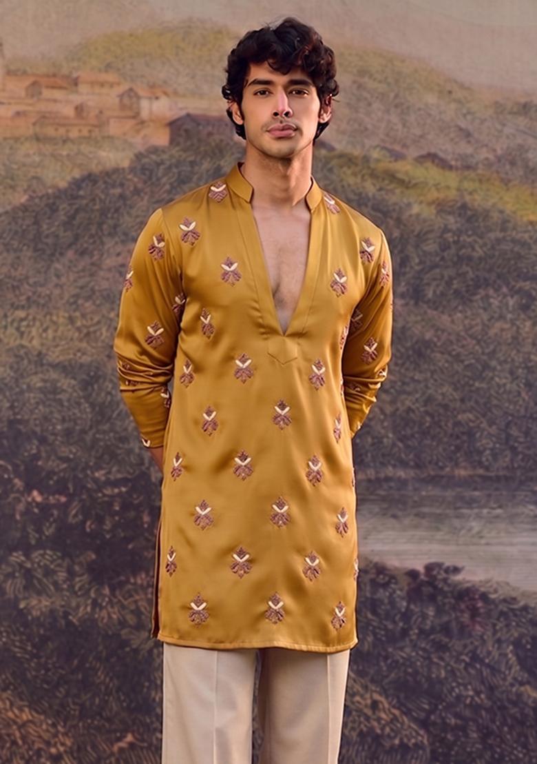 Mustard Handwork Satin Kurta Set - Indya