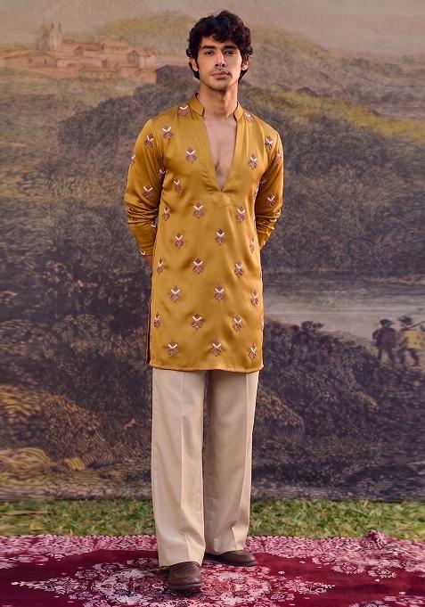 Mustard Handwork Kurta Set For Men