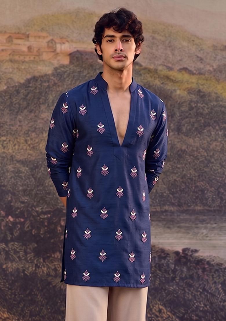 Navy Blue Handwork Satin Kurta Set - Indya