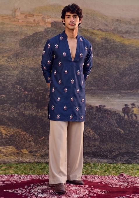 Navy Blue Handwork Satin Kurta Set