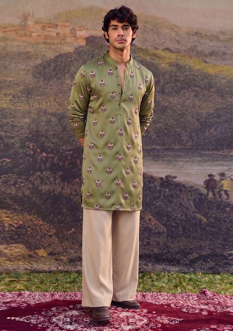 Olive Green Handwork Satin Kurta Set - Indya