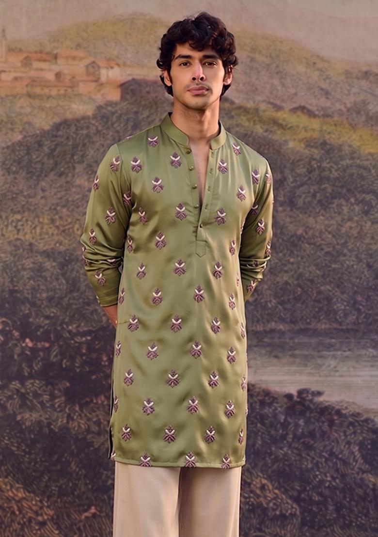 Olive Green Handwork Satin Kurta Set - Indya