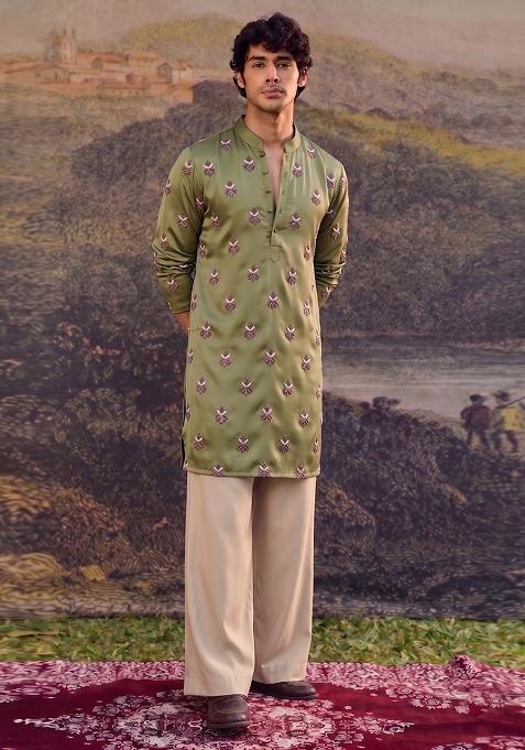 Olive Green Handwork Satin Kurta Set