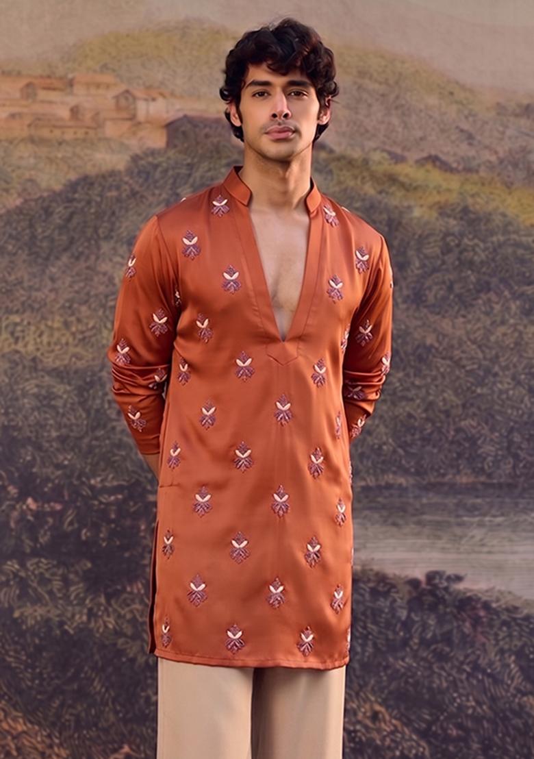 Rust Handwork Satin Kurta Set - Indya