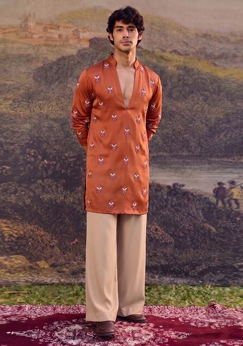 Rust Handwork Kurta Set For Men
