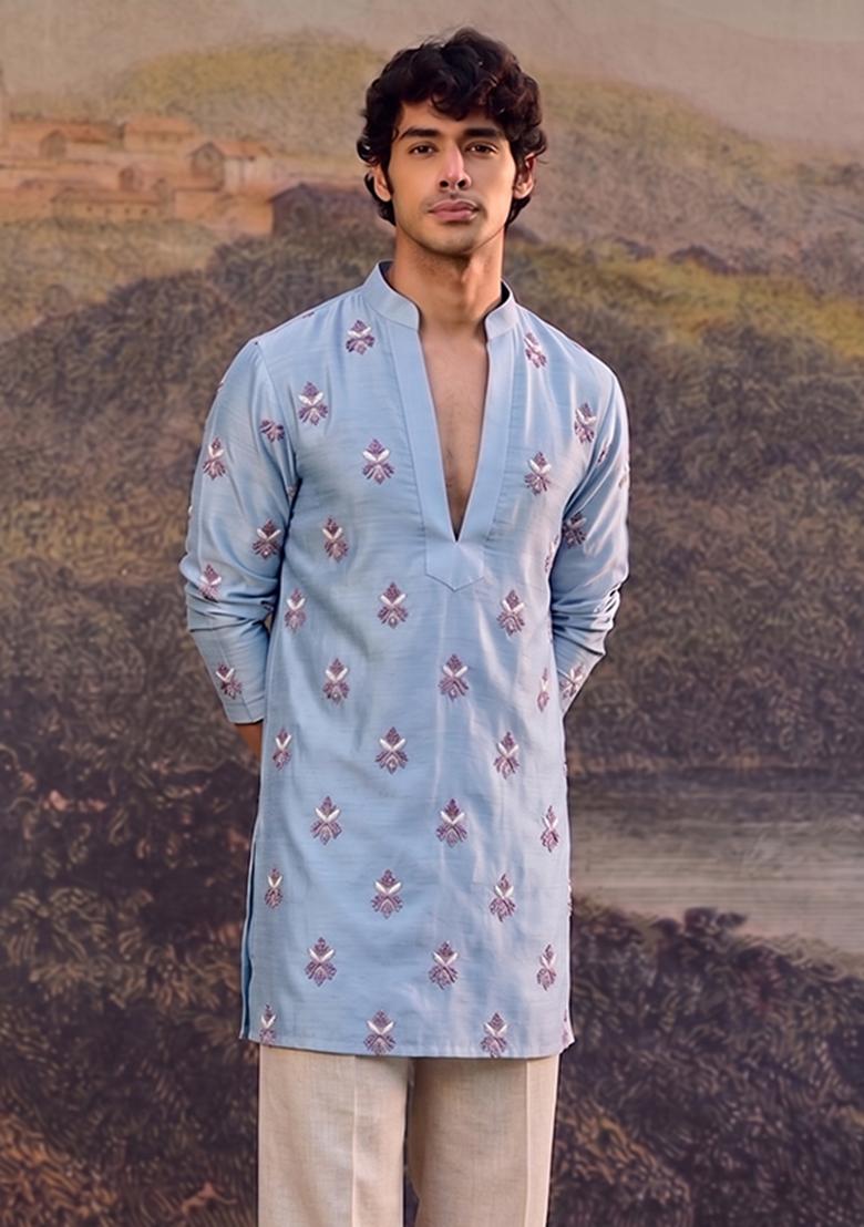 Light Blue Handwork Satin Kurta Set - Indya