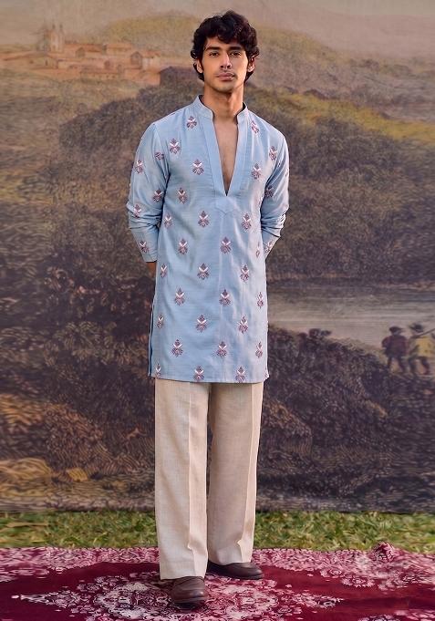 Light Blue Handwork Satin Kurta Set