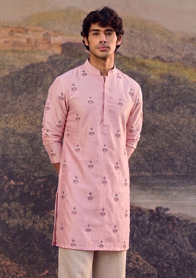 Light Pink Handwork Satin Kurta Set - Indya