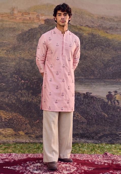 Light Pink Handwork Kurta Set For Men