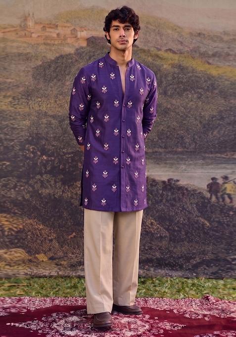 Purple Handwork Satin Kurta Set