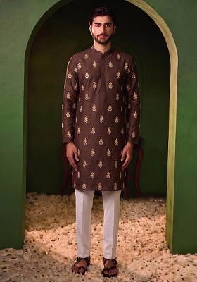 Deep Brown Handwork Silk Blend Kurta Set