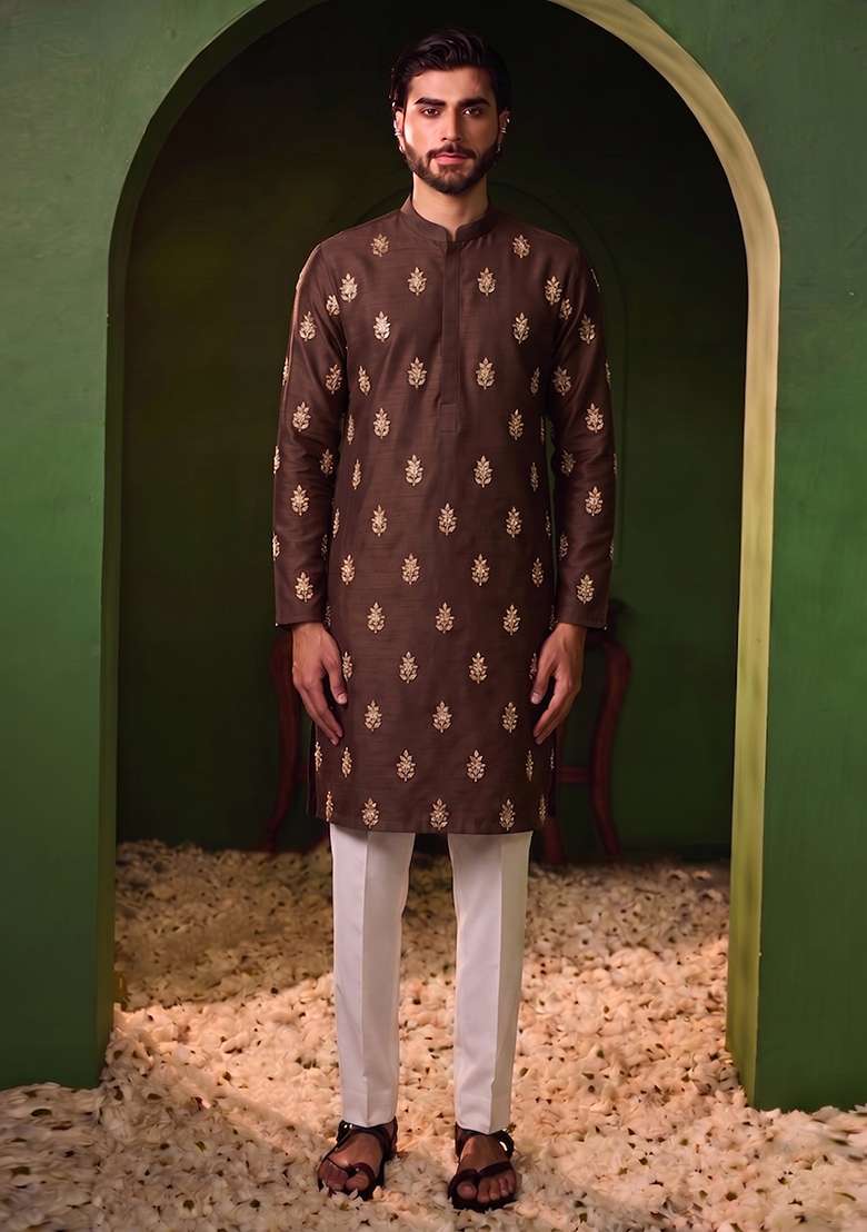 Deep Brown Handwork Silk Blend Kurta Set - Indya