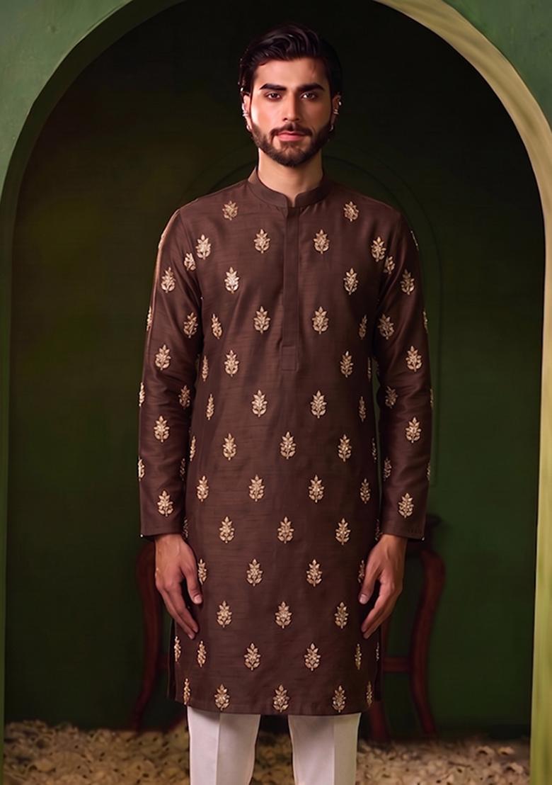 Deep Brown Handwork Silk Blend Kurta Set - Indya