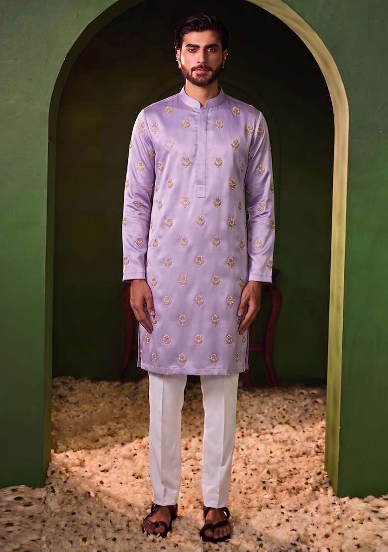 Lavender Handwork Silk Blend Kurta Set - Indya