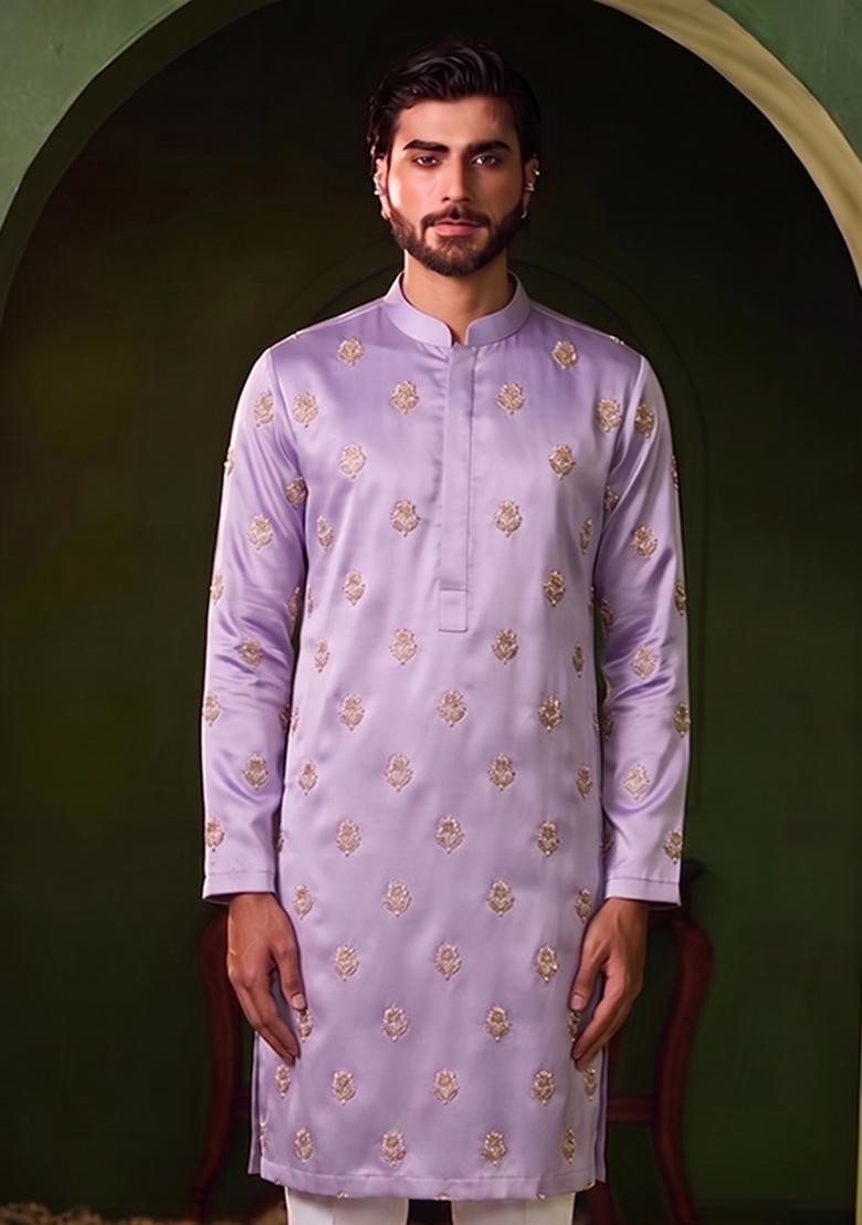 Lavender Handwork Silk Blend Kurta Set - Indya
