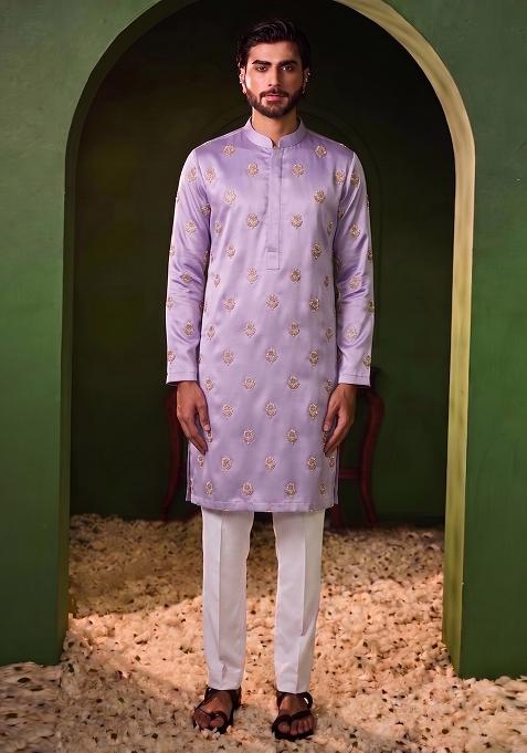 Lavender Handwork Kurta Set For Men