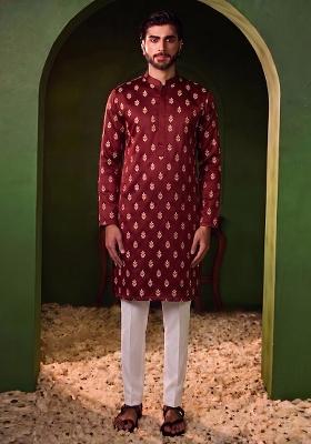 Maroon Handwork Silk Blend Kurta Set
