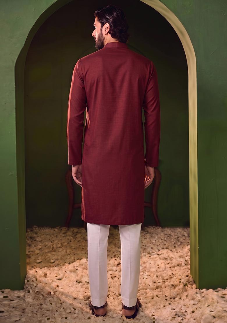 Maroon Handwork Silk Blend Kurta Set - Indya