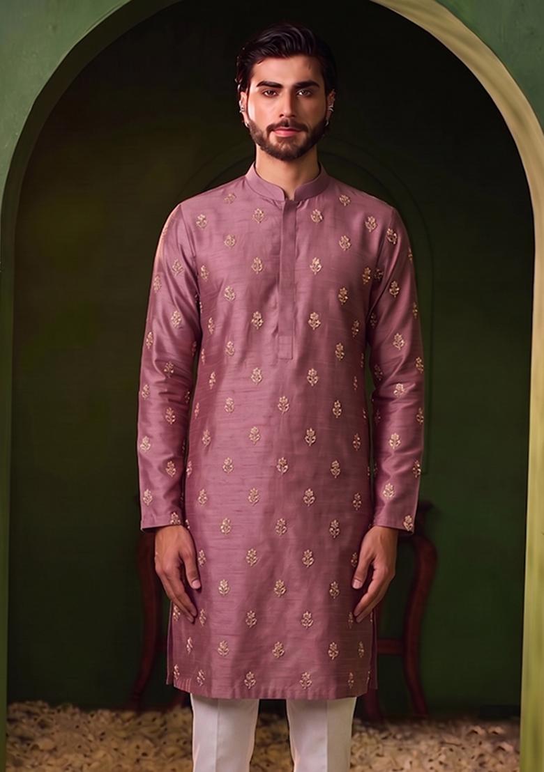 Mauve Handwork Silk Blend Kurta Set - Indya