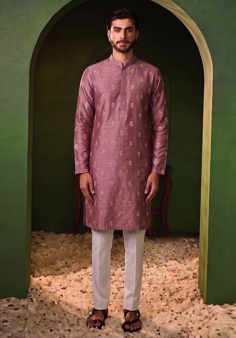 Mauve Handwork Kurta Set For Men