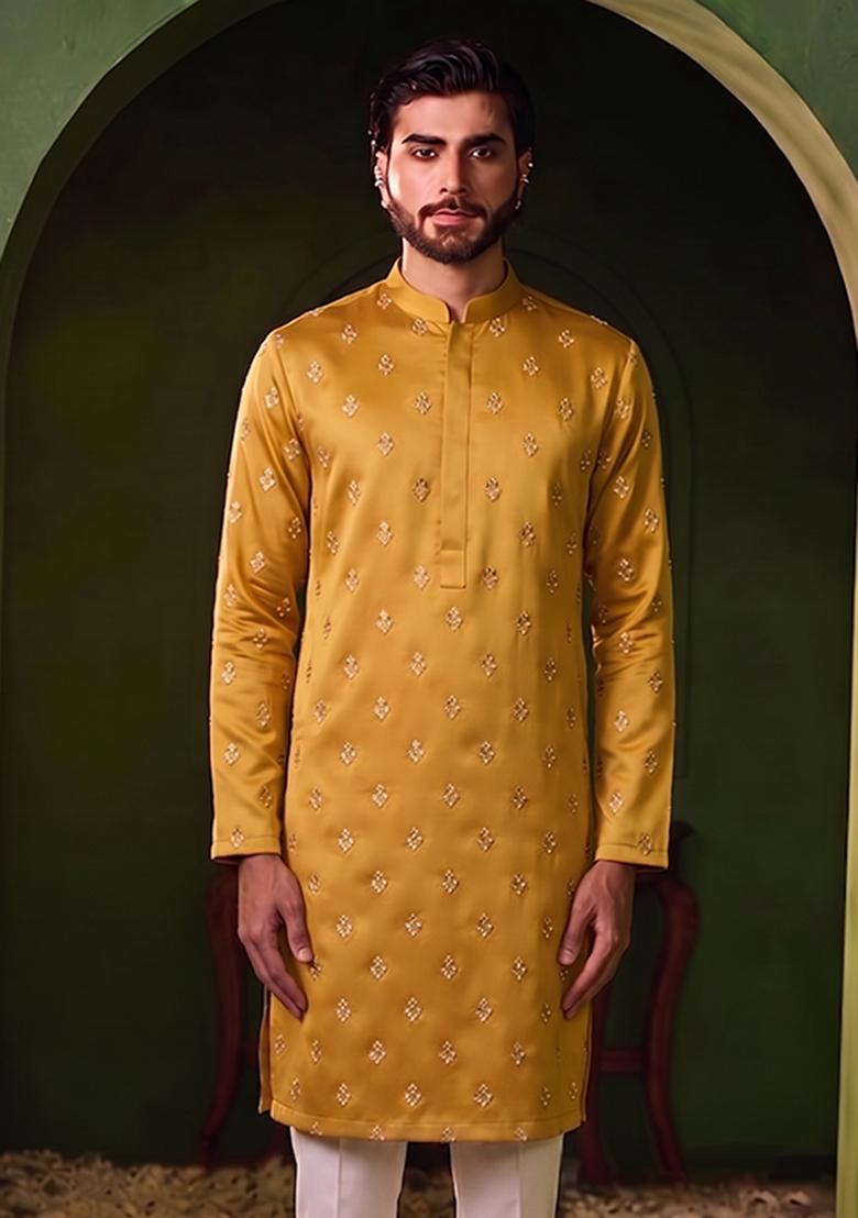Mustard Handwork Silk Blend Kurta Set - Indya
