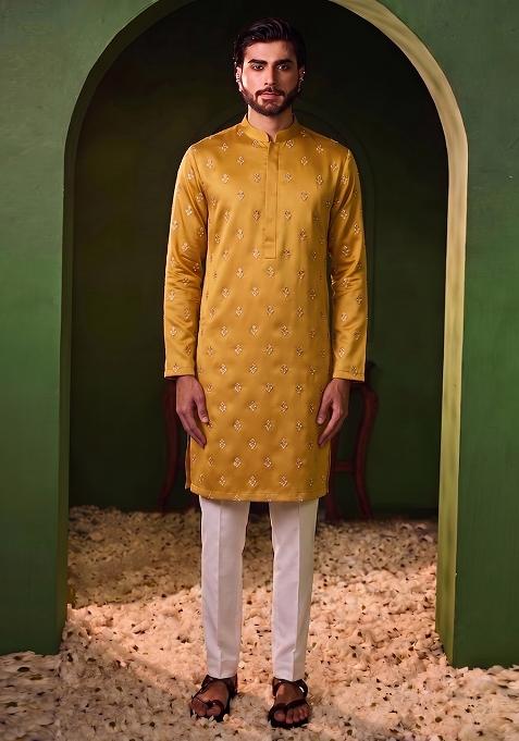 Mustard Handwork Kurta Set For Men
