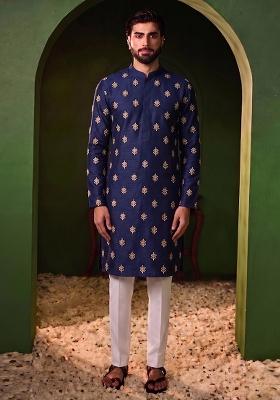 Navy Blue Handwork Silk Blend Kurta Set