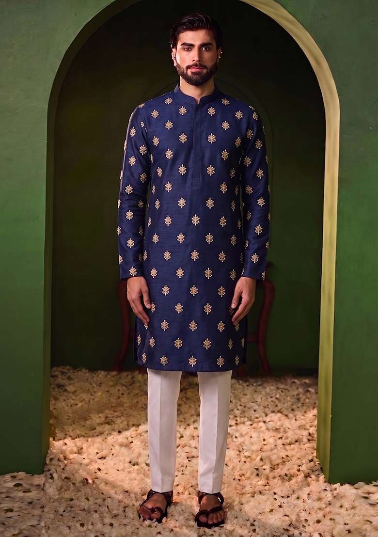 Navy Blue Handwork Silk Blend Kurta Set - Indya