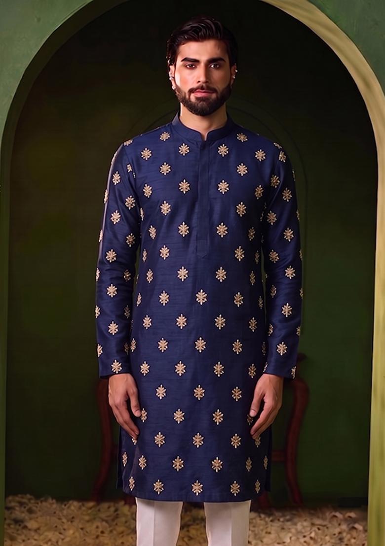 Navy Blue Handwork Silk Blend Kurta Set - Indya