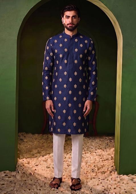 Navy Blue Handwork Kurta Set For Men